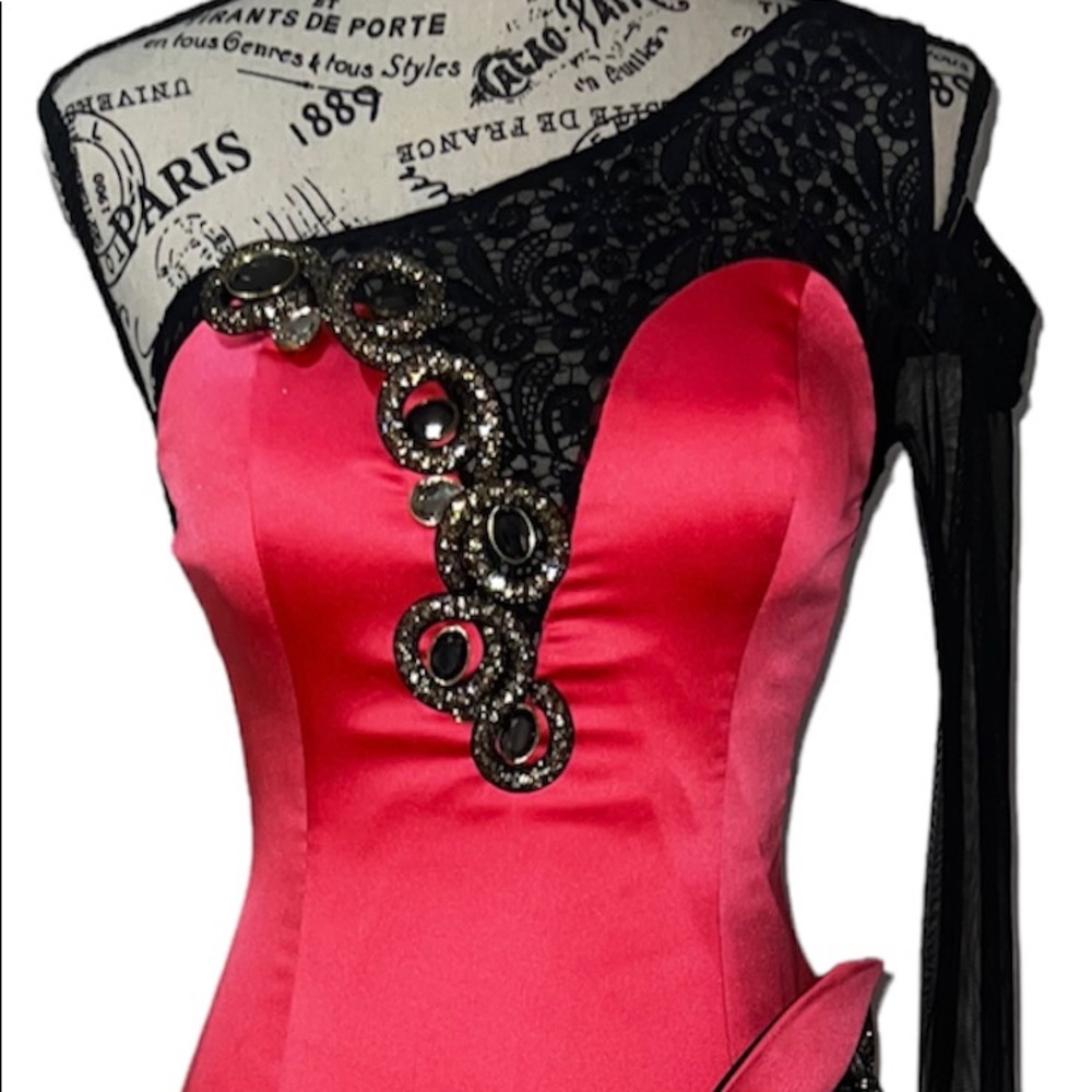 COPY - Vintage 80s 90s Pink Black Lace Jeweled Prom Dress